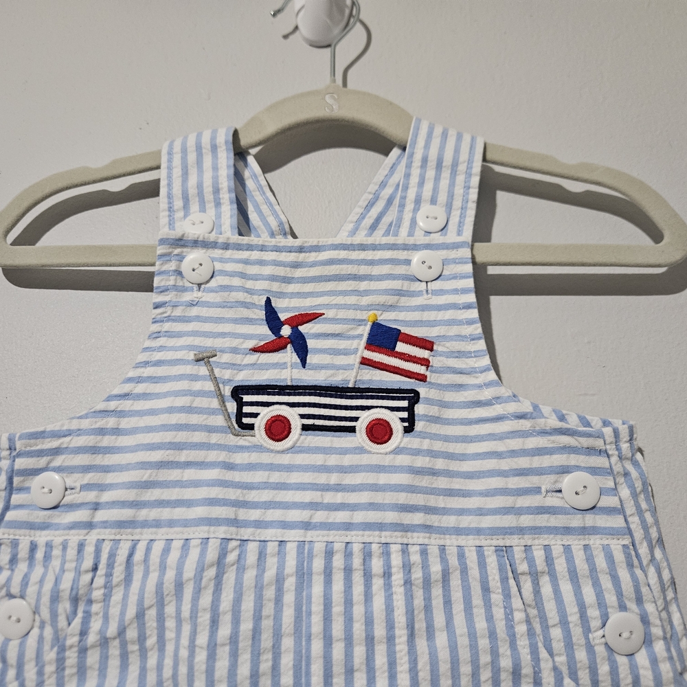Florence Eiseman Blue and White Seersucker Shortall With Wagon